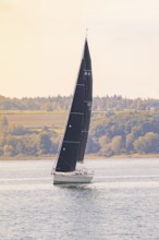 Sailing boat in a quiet autumn landscape along the wooded coast in sunny weather, boat trip, Lake