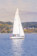 A sailboat sails peacefully on a quiet lake with autumnal landscape in the background, boat trip,