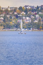 Closer view of a sailboat in front of a shore with colorful houses and autumn trees, boat trip,