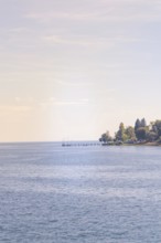 View over calm water on a wooded coast with a pier, boat trip, Lake Constance, Germany