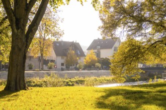 Houses on the riverbank in an autumn setting, Nagold, Black Forest, Germany