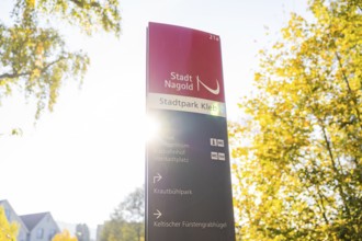 Signpost in Stadtpark Nagold, flooded with sunlight, surrounded by autumn trees, Nagold, Black