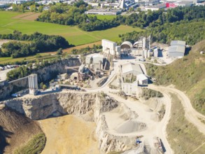 Detailed view of a quarry with diverse industrial plants and surrounding fields, Nagold, Black