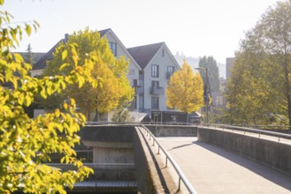 Bridge across the river in an autumnal town, Nagold, Black Forest, Germany