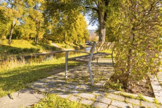 Lonely park bench in an autumnal park overlooking a river under golden trees, Nagold, Black Forest,