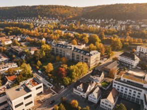 The city is surrounded by an autumnal landscape with colorful trees and sunny hills, Nagold, Black