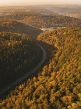 A deep gorge with thick tree vegetation in autumn and a road that snakes through it, Nagold, Black