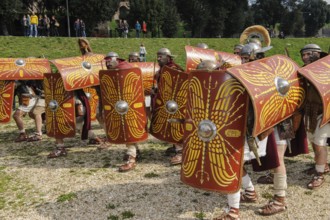 Traditional group Roman soldiers and centurion centurion in tradition of historic ancient Roman