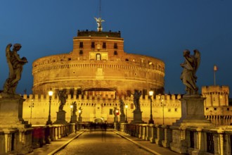 View of blue hour at nightfall in 139 AD as an ancient mausoleum Hadrian Tomb for Emperor Caesar