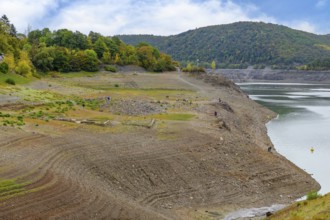 Historic ruins exposed at extremely low water level in Edersee reservoir foundations of demolished