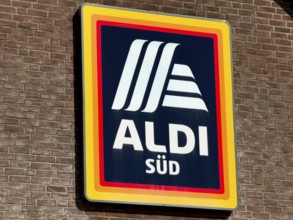 Logo of supermarket chain discounter retailer Aldi Süd on brick house wall, Germany