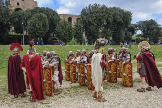 Traditional group Roman soldiers and centurion centurion in tradition of historic ancient Roman