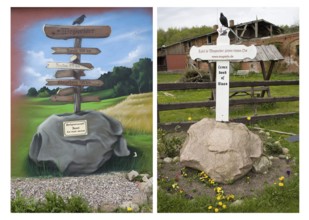 Germany JAMEL woman wall painting on house wall. Monument with cross on the road