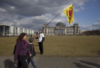 Germany Berlin Anti-nuclear power demonstration in Berlin Mitte. A demonstrator in front of the