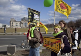 Germany Berlin Anti-nuclear power demonstration in Berlin Mitte. Demonstrators pass through the