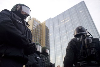 GERMANY Police close Rudi-Dutschke-Straße in front of the Springer Hochaus during the May 1st rally