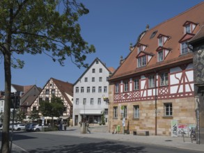 Historic buildings in the old town, half-timbered buildings, Grüner Markt, Fürth, Middle Franconia,