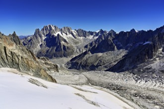 View from the Télécabine Panorama Mont-Blanc of the mountains Aiguille Vert, Les Droites, Les