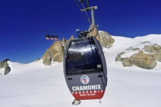 Télécabine Panoramic Mont-Blanc, opened in 1957, floats 5 km above glaciers between Aiguille du