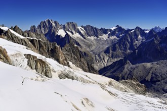 View of the Aiguille Vert mountains, Les Droites, Les Courtes, Aiguille du Midi mountain station,