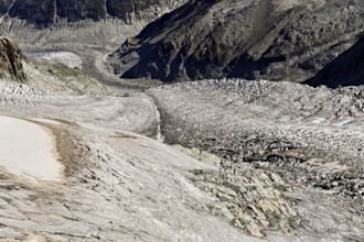 View from the Télécabine Panorama Railway of the glacial crevices of the Glacier du Géant,