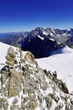 View from the Aiguille du Midi mountain station observation deck of the mountains Aiguille Vert,