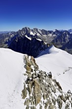 View from the Aiguille du Midi mountain station observation deck of the mountains Aiguille Vert,