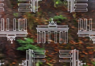 Subway window covered with Brandenburg Gate pattern film to protect against scratching while