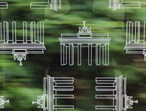Subway window covered with Brandenburg Gate pattern film to protect against scratching while