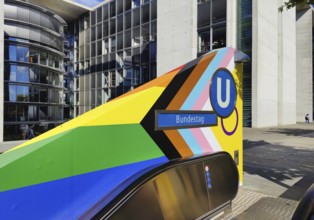 Entrance to Bundestag subway station, Paul Löbe House in the background, government district,