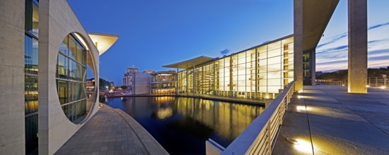 Marie-Elisabeth-Lüders-Haus and Paul-Löbe-Haus with the river Spree in the evening, government