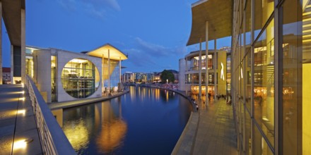Marie-Elisabeth-Lüders-Haus and Paul-Löbe-Haus with the river Spree in the evening, government
