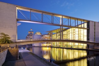 Bridge between Marie-Elisabeth-Lüders-Haus and Paul-Löbe-Haus with the river Spree in the evening,