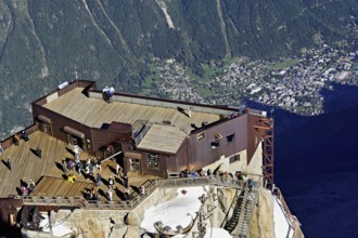 Aiguille du Midi mountain station viewing platform, with view of Chamonix-Mont-Blanc, Haute-Savoie,