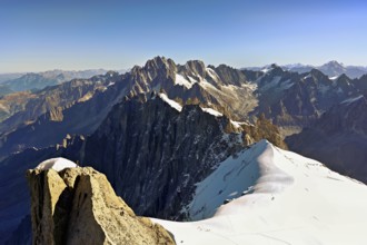 View from the Aiguille du Midi mountain station observation deck of the mountains Aiguille Vert,