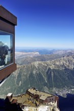 Aiguille du Midi mountain station viewing platform, with view of Chamonix-Mont-Blanc, Haute-Savoie,