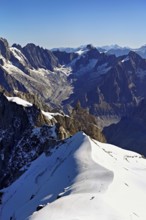 View from the Aiguille du Midi mountain station observation deck of the mountains Les Droites, Les