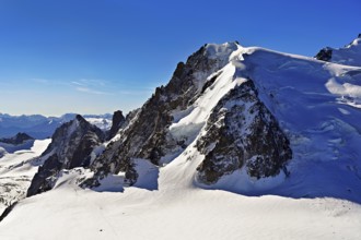 Snow-capped Mont Blanc du Tacul, Aiguille du Midi mountain station viewing platform,