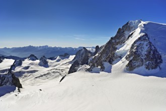 Snow-capped Mont Blanc du Tacul, Aiguille du Midi mountain station viewing platform,