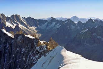 View from the Aiguille du Midi mountain station observation deck of the mountains Les Droites, Les