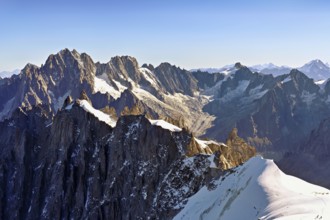 View from the Aiguille du Midi mountain station observation deck of the mountains Aiguille Vert,