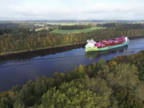 Drone view of container ship ECO OSTRO in autumn in the Kiel Canal, NOK, Kiel Canal, Kiel Canal,
