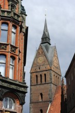 Rath's pharmacy and market church tower, Old Town, Hanover, Lower Saxony, Germany