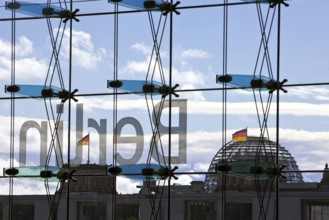 View from the main train station with the inverted Berlin lettering on the glass façade and the