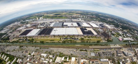 Volkswagen plant Wolfsburg with Autostadt and The Ritz Carlton Hotel, fish-eye-lens, Lower Saxony,