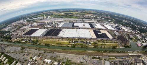 Volkswagen plant Wolfsburg with Autostadt and The Ritz Carlton Hotel, fish-eye-lens, Lower Saxony,