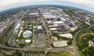Volkswagen plant Wolfsburg with Autostadt and The Ritz Carlton Hotel, fish-eye-lens, Lower Saxony,