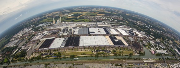 Volkswagen plant Wolfsburg with Autostadt and The Ritz Carlton Hotel, fish-eye-lens, Lower Saxony,