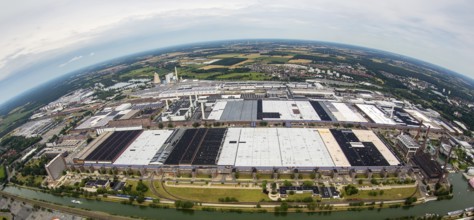 Volkswagen plant Wolfsburg with Autostadt and The Ritz Carlton Hotel, fish-eye-lens, Lower Saxony,