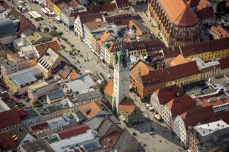 City tower at Theresienplatz, Straubing, East Bavaria, Bavaria, Germany, Europe, aerial view,